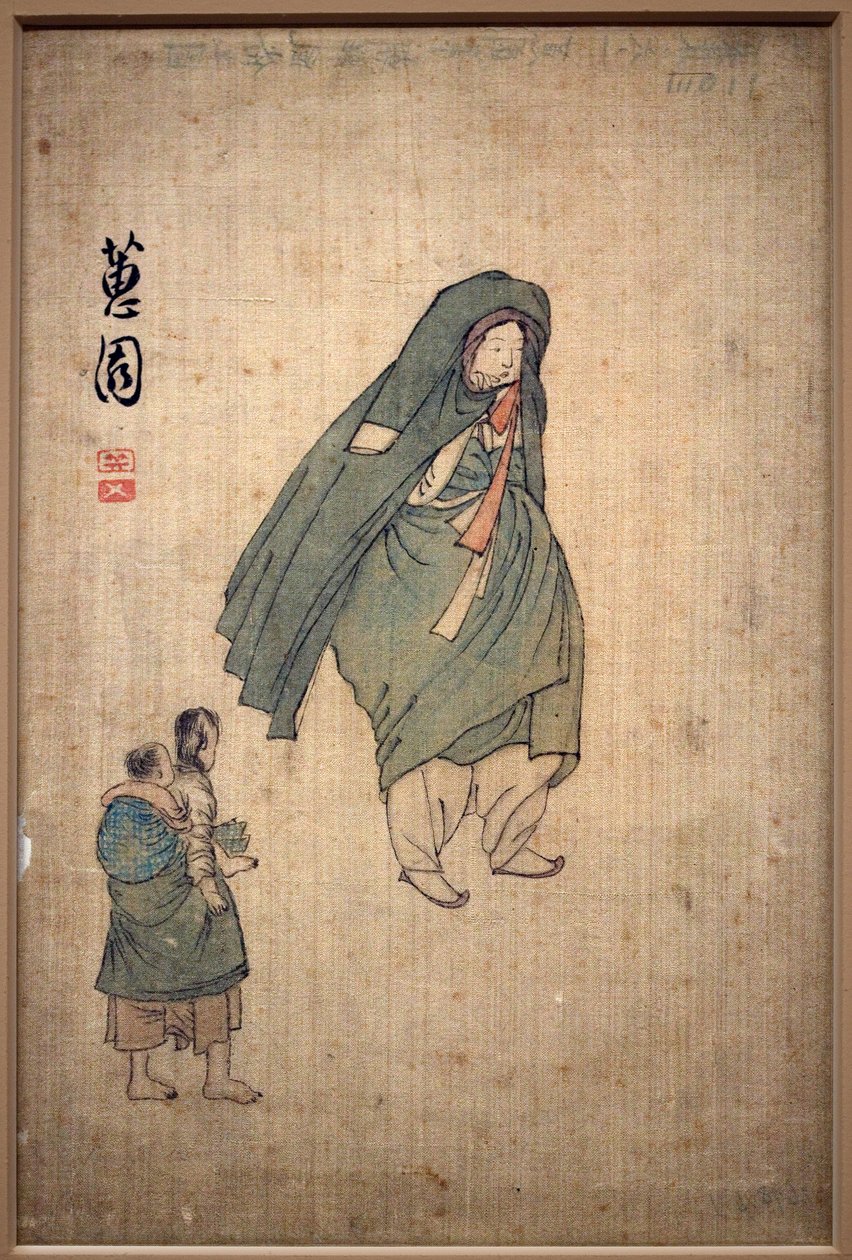 Mulher envolta em seu casaco, passando por duas crianças. Pintura de Shin Yunbok (ca. 1758-1813), tinta sobre papel de Yunbok Shin