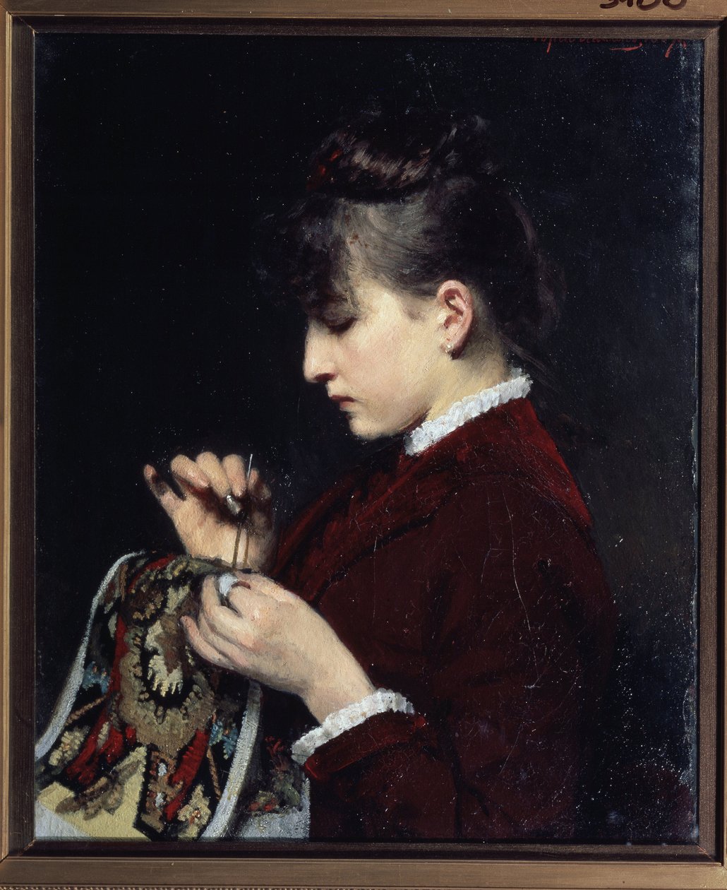 A Bordadeira. Jovem de perfil, com o rosto sério, concentrada na sua tarefa, as mãos segurando o seu trabalho e uma agulha. Pintura de Yuri Jacovlevich Lehman (Yuri Leman) (1834-1901), óleo sobre tela de Yury Jacovlevich Lehman