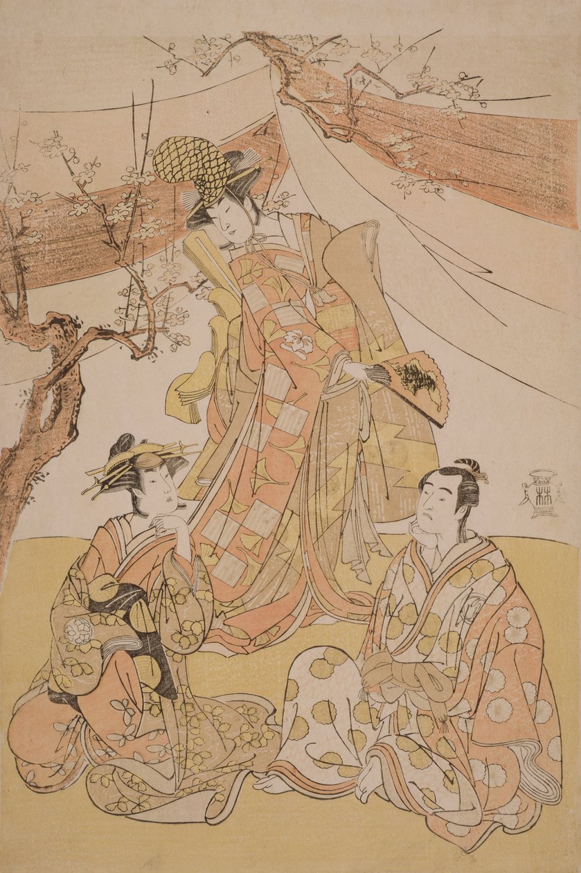 Três atores em uma cena de &39;Bambu coberto de neve: Genji em mangas compridas&39;, 1785 (xilogravura) de Yushido Shunsho
