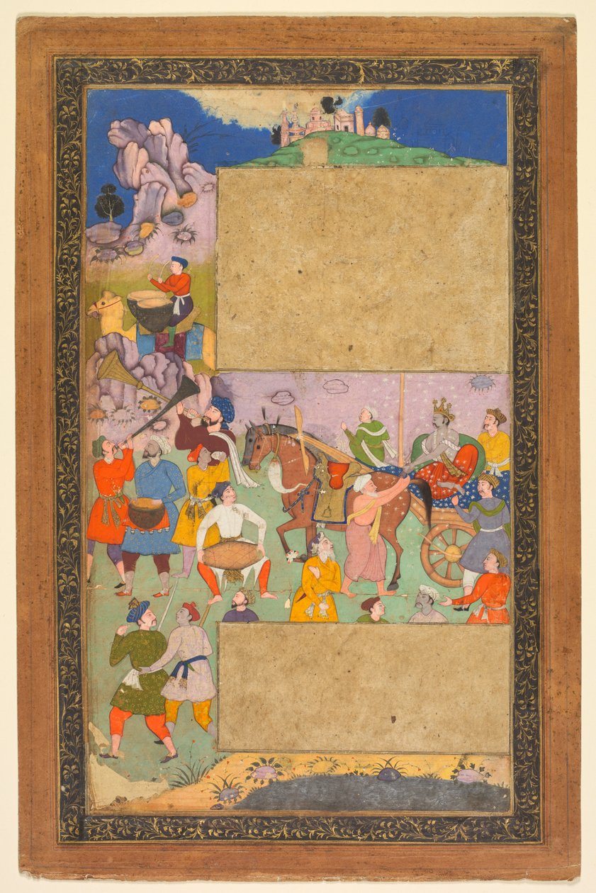 Um cocheiro andando por uma paisagem rochosa com uma comitiva de lacaios e músicos..., 1616-16 de Yusuf Ali