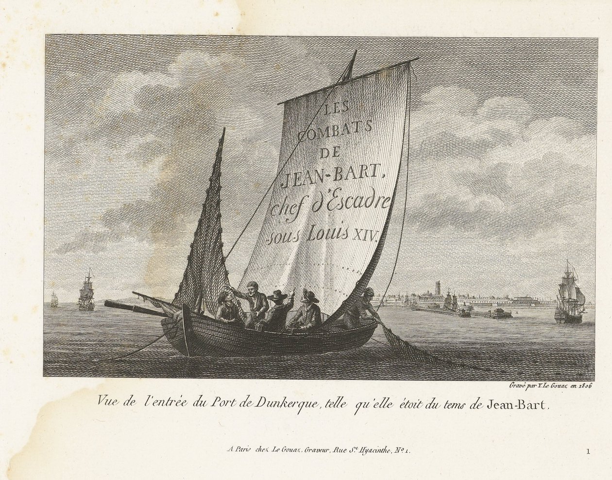 Ingang tot de Haven van Duinkerke, ca. 1693-1694 Vista da entrada do Porto de Dunquerque, como era na época de Jean-Bart (título no objeto) Coleção dos combates de Jean-Bart, comandante do esquadrão de Luís XIV (título da série) de Yves Marie Le Gouaz