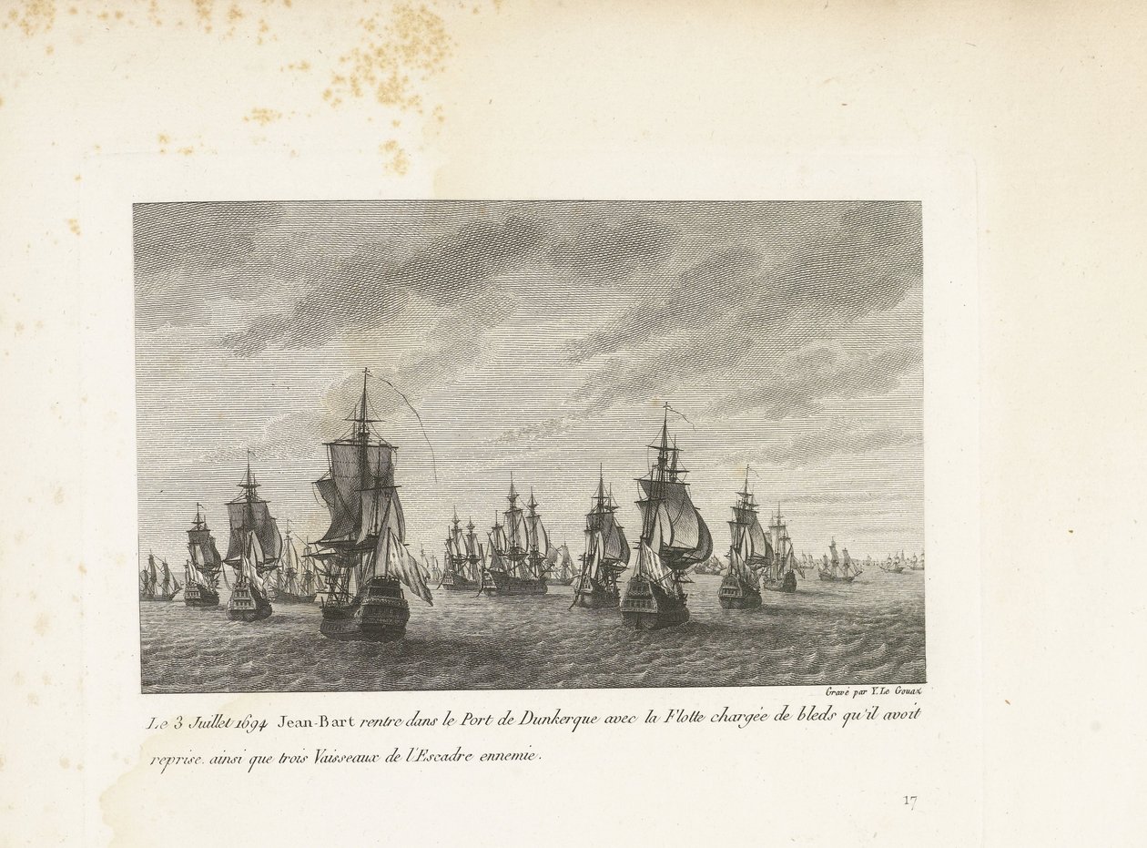 Jan Bart vaart Duinkerke binnen conheceu de heroverde graanschepen, 1694 Em 3 de julho de 1694, Jean-Bart retorna ao Porto de Dunquerque com a Frota carregada de bleds que ele havia assumido, bem como três Navios do Esquadrão inimigo (título no objeto) Col de Yves Marie Le Gouaz