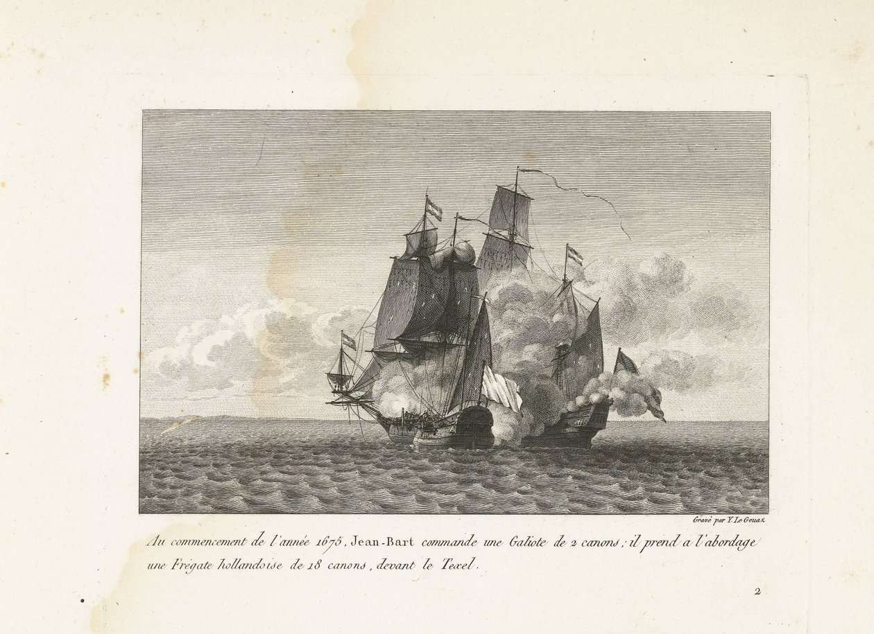 Jan Bart verovert een Hollands fregat bij Texel, 1675 No início do ano de 1675, Jean-Bart comanda um Galiote de 2 canhões: embarcou em uma fragata holandesa de 18 canhões, em frente ao Texel (título no objeto) Coleção de lutas de Jean-B de Yves Marie Le Gouaz
