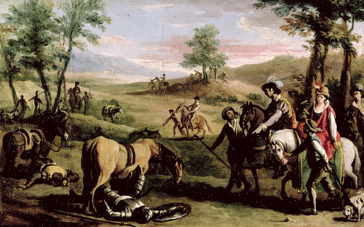 Dom Quixote cai de seu cavalo na frente dos duques (par de 82436) de Zacarias Gonzalez Velazquez