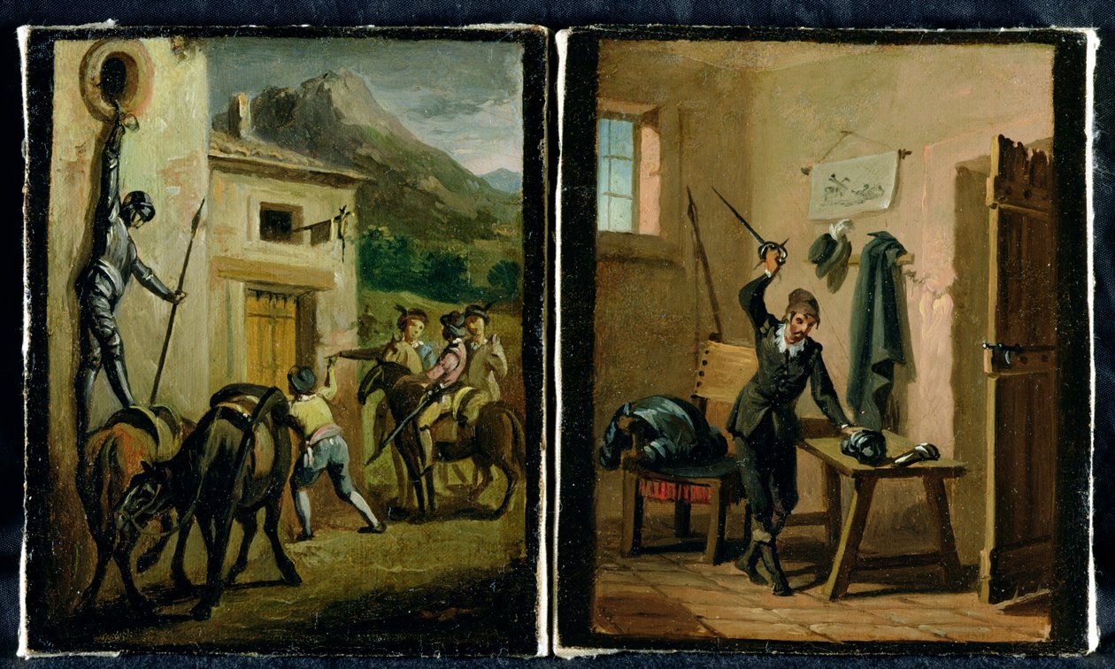 Dom Quixote pendurado na janela e preparando sua armadura, duas cenas do romance de Cervantes de Zacarias Gonzalez Velazquez