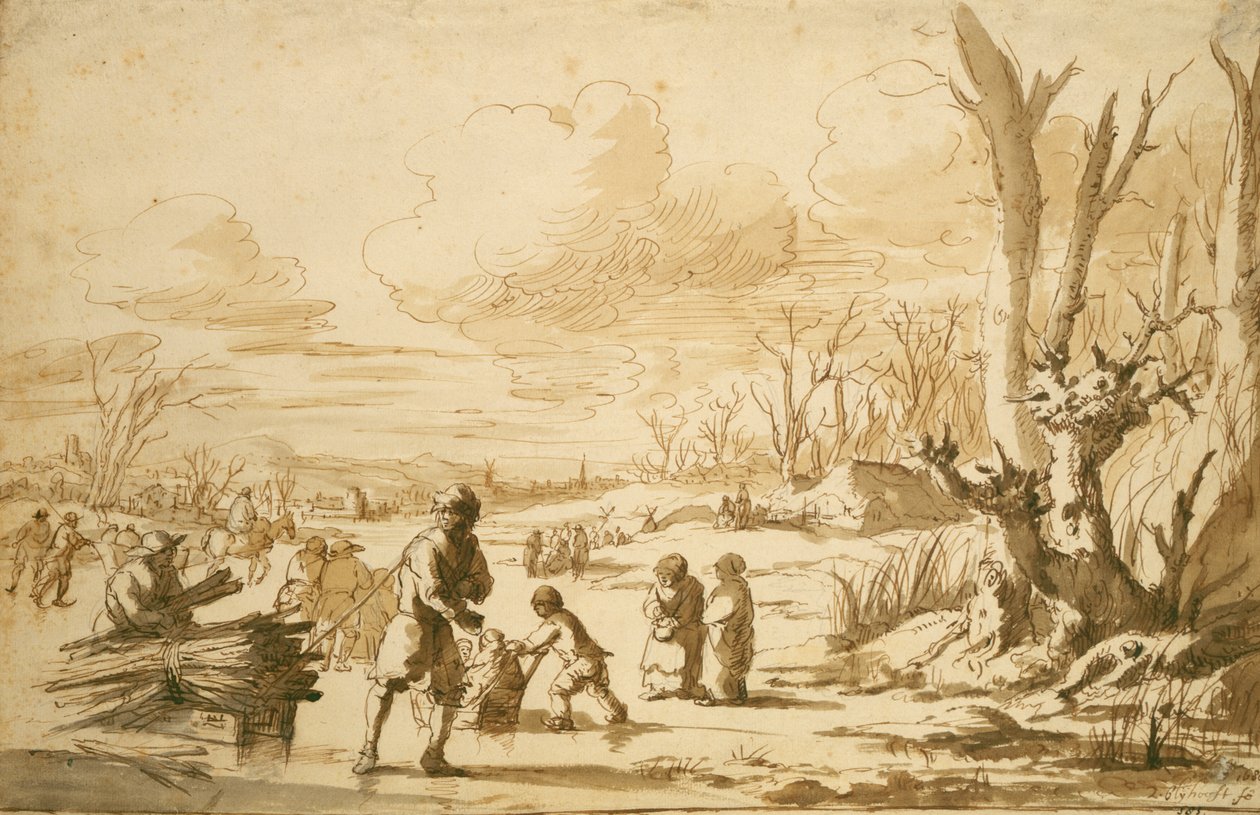 Apreciando o gelo, 1680 (caneta e lápis no papel) de Zacharias Blyhooft