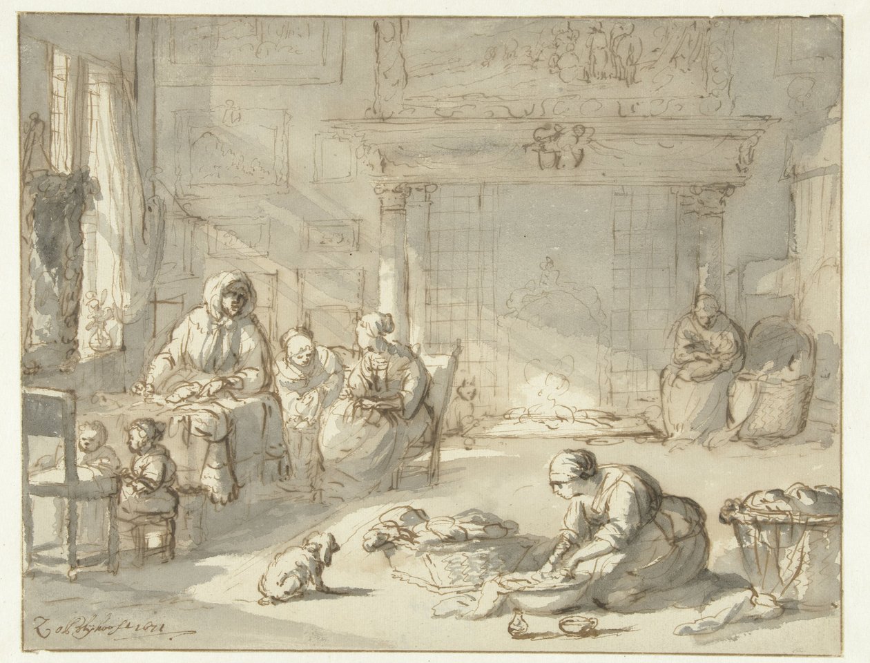 Interior de uma casa com mulheres e crianças de Zacharias Blijhooft