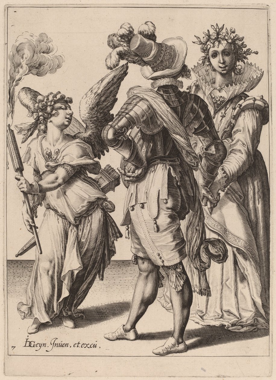 Um Cupido de olhos vendados segurando uma tocha diante de um casal de Zacharias Dolendo after Jacques de Gheyn II