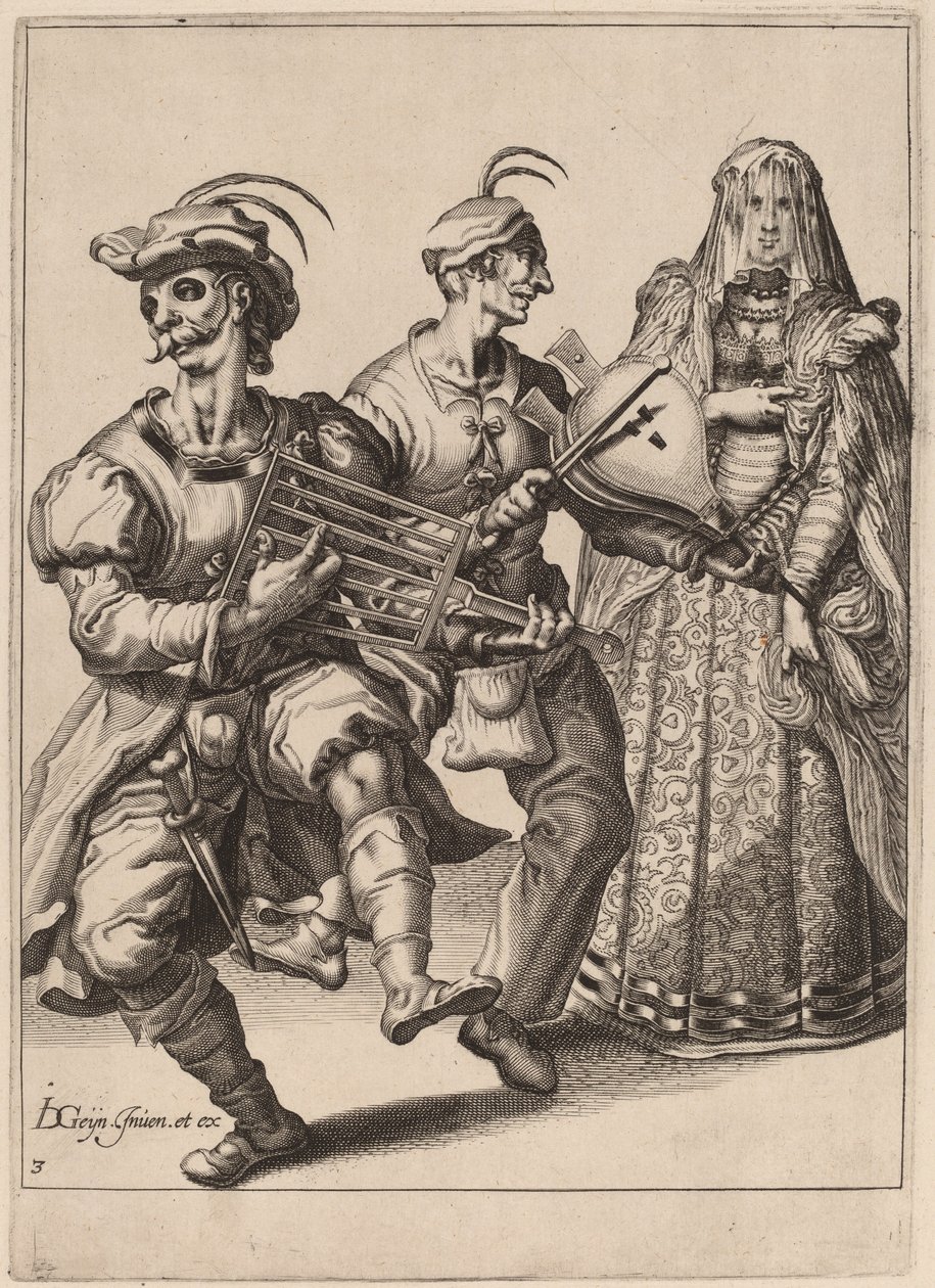 Uma mulher velada com dois músicos tocando uma grelha e um fole de Zacharias Dolendo after Jacques de Gheyn II