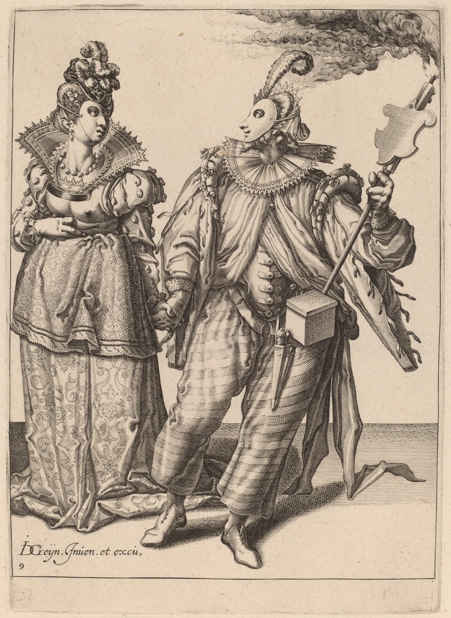 Uma mulher liderada por um jogador segurando uma tocha de Zacharias Dolendo after Jacques de Gheyn II