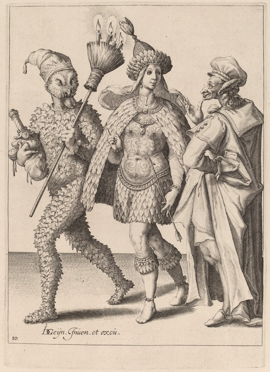 Um Velho Mummer dirigindo-se a um casal vestido de penas de Zacharias Dolendo after Jacques de Gheyn II