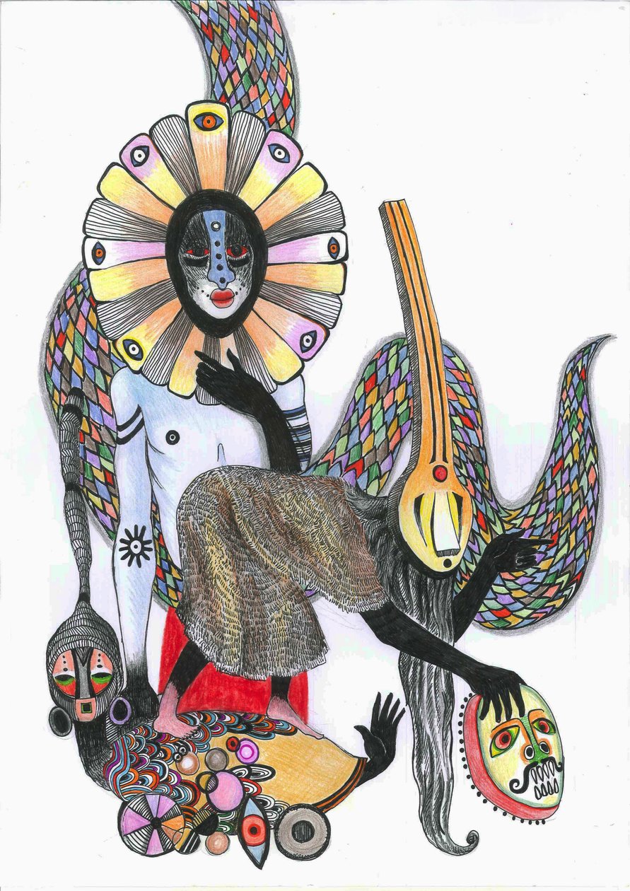 Dance of the Masks, 2012 (caneta, tinta e lápis de cor no papel) de Zanara Sabina Nedelcheva Williams