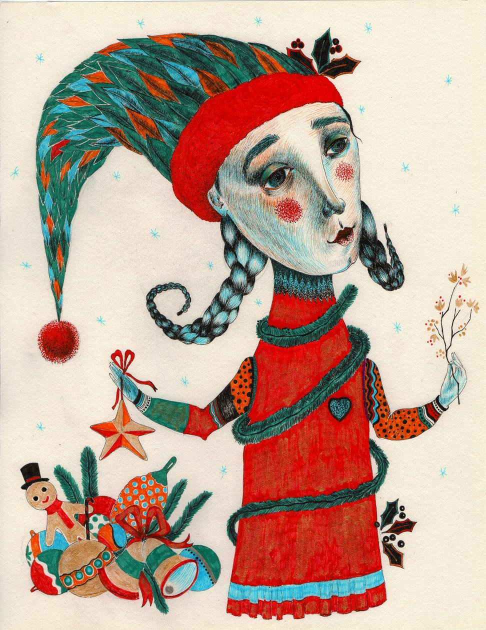 Elfa de Natal, 2020 (desenho a tinta no papel) de Sabina Nedelcheva Williams