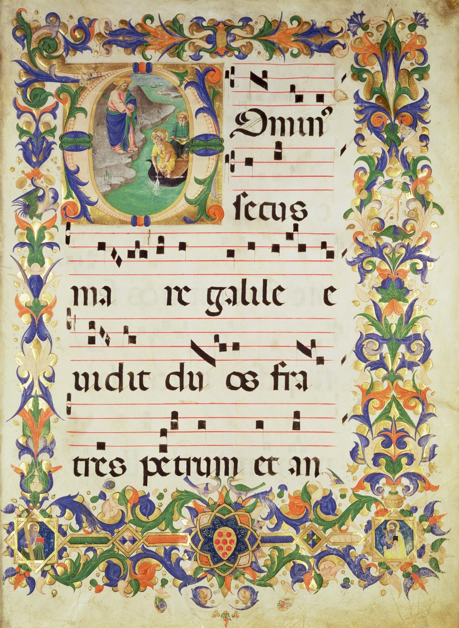 Missal 515 f.1r Página de música coral com uma inicial &39;O&39; historiada representando O Chamado de São Pedro e Santo André, a fronteira iluminada por Filippo di Matteo Torelli (1409-68) de um livro de coral de Zanobi di Benedetto Strozzi