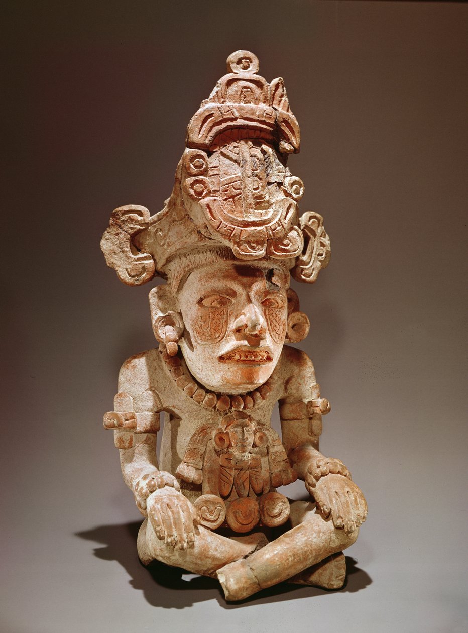 Urna representando uma divindade sentada, Monte Alban, Oaxaca, Período III (cerâmica) de Zapotec