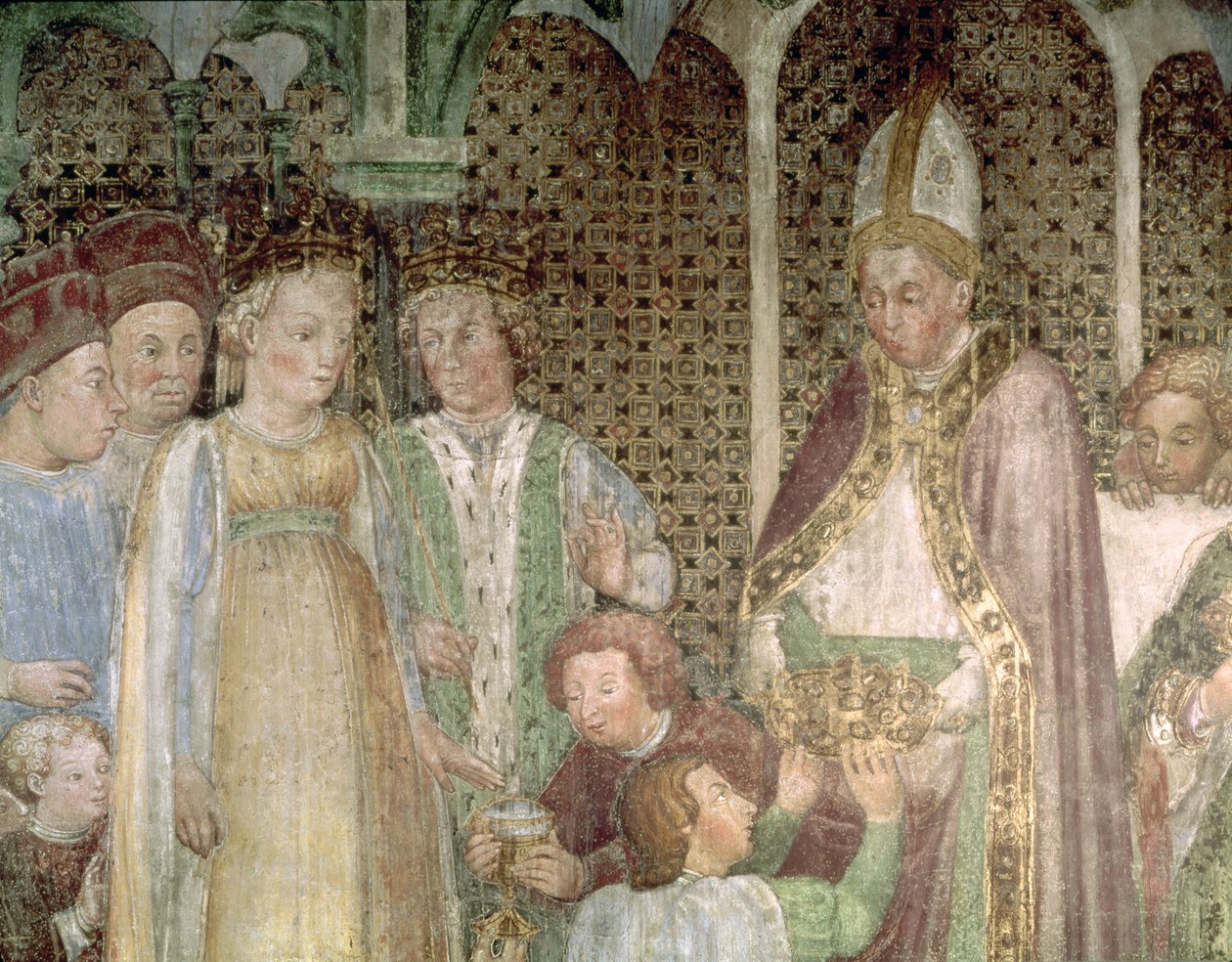 Rainha Theodolinda e Papa Gregório, o Grande (c.540-604) Trocando Presentes, 1444 de Zavattari Family