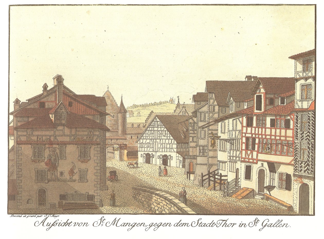 Vista de St. Mangen contra o portão da cidade de St. Gallen (título original) de Zeichner und Kupferstecher