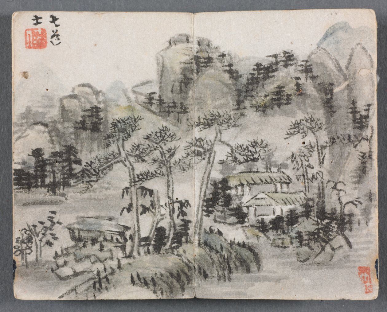 Álbum em miniatura com figuras e paisagem (paisagem com dois prédios) de Zeng Yandong
