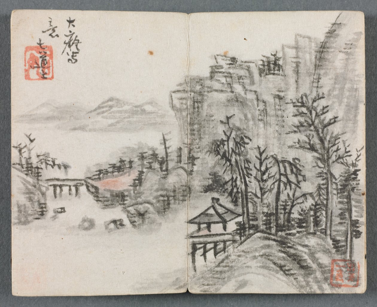 Álbum em miniatura com figuras e paisagem Cliff Landscape with Bridge, 1822. de Zeng Yangdong