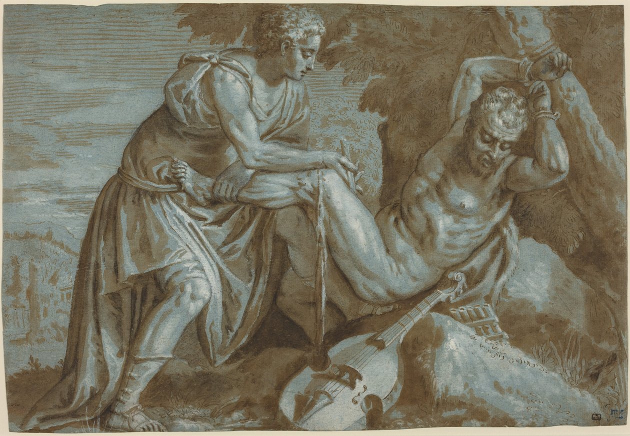 Apolo e Marsyas, c.1600 (desenho a tinta) de Zenon Veronese