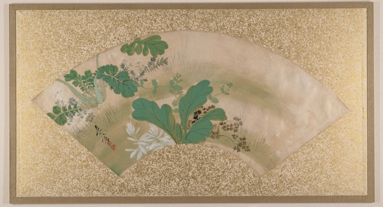 Várias plantas e ervas, finais do século XIX (pintura em leque montada como folha de álbum; têmpera sobre papel) de Zeshin Shibata