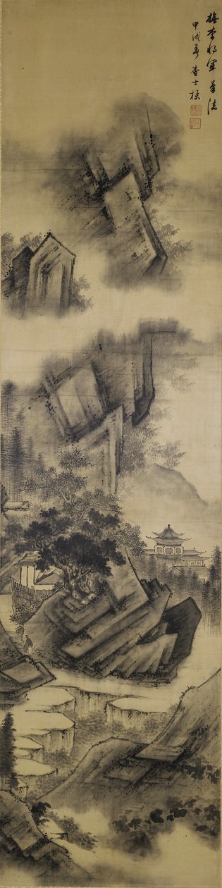 Paisagem, dinastia Qing, 1694 (tinta em cetim) de Zha Shibiao