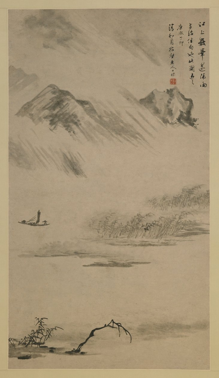 Paisagem do rio na chuva, província de Anhui, China, dinastia Qing, 1687 (tinta no papel) de Zha Shibiao