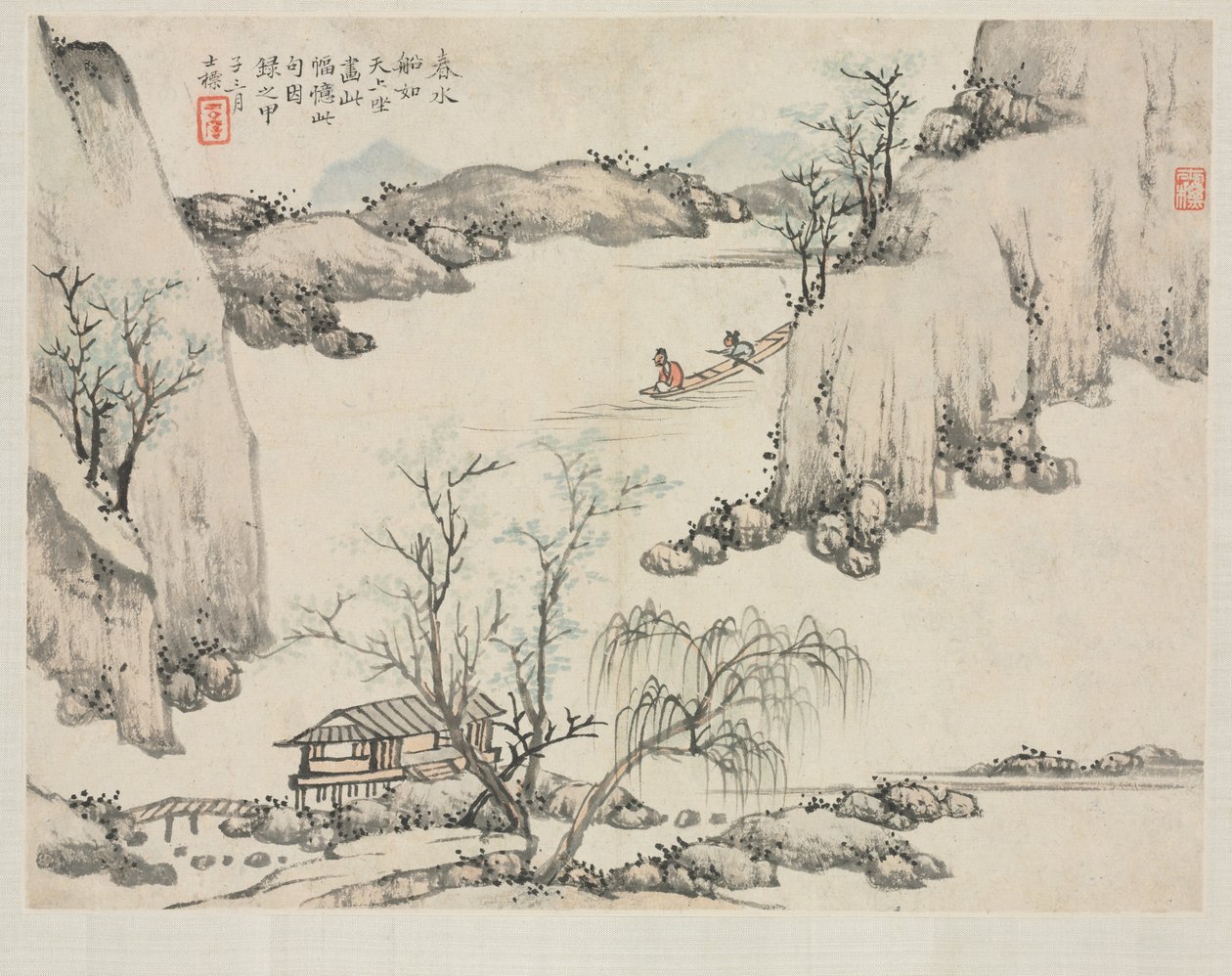 Álbum de paisagem em vários estilos: Boating in Spring Water, 1684. de Zha Shibiao