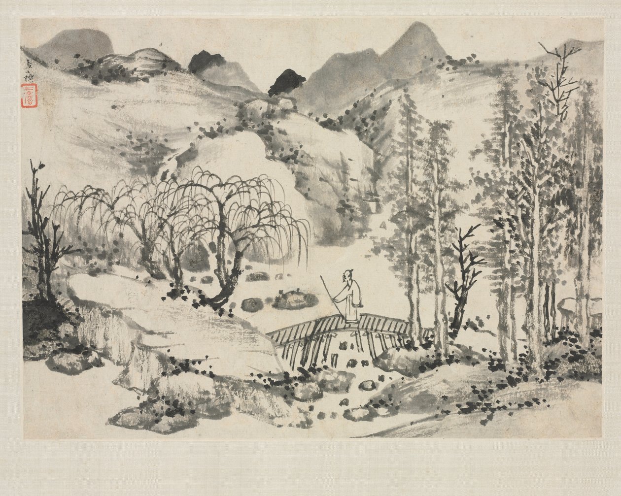 Álbum de paisagem em vários estilos: paisagem com artista em uma ponte de Zha Shibiao