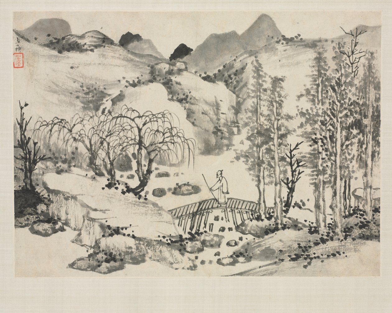 Álbum Paisagem em vários estilos: Paisagem com artista em uma ponte, 1684. de Zha Shibiao