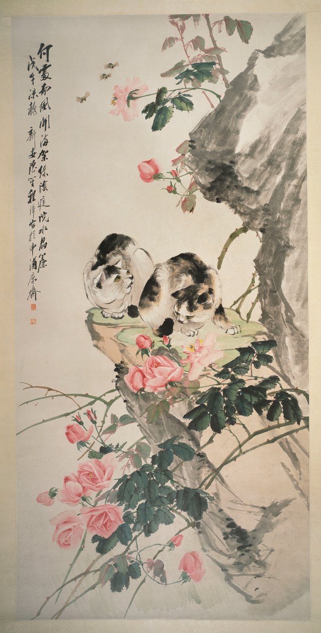 Gatos em uma rocha com rosas de Zhang Cheng