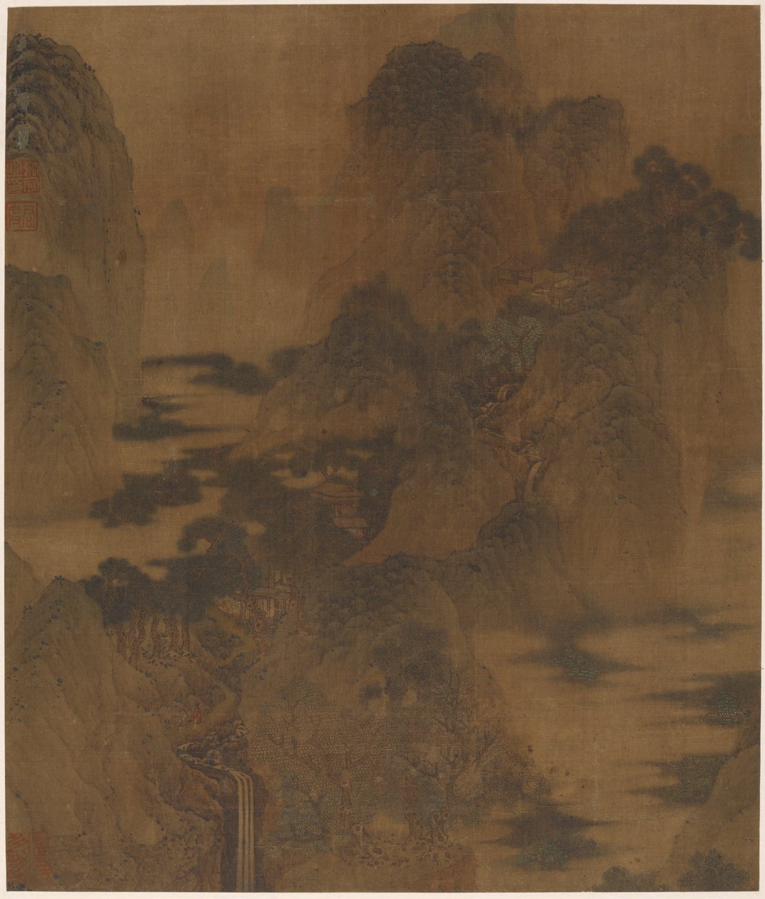Paisagem: desfiladeiro de montanha, névoa, um riacho e edifícios, dinastia Ming, século XVII. de Zhang Hong