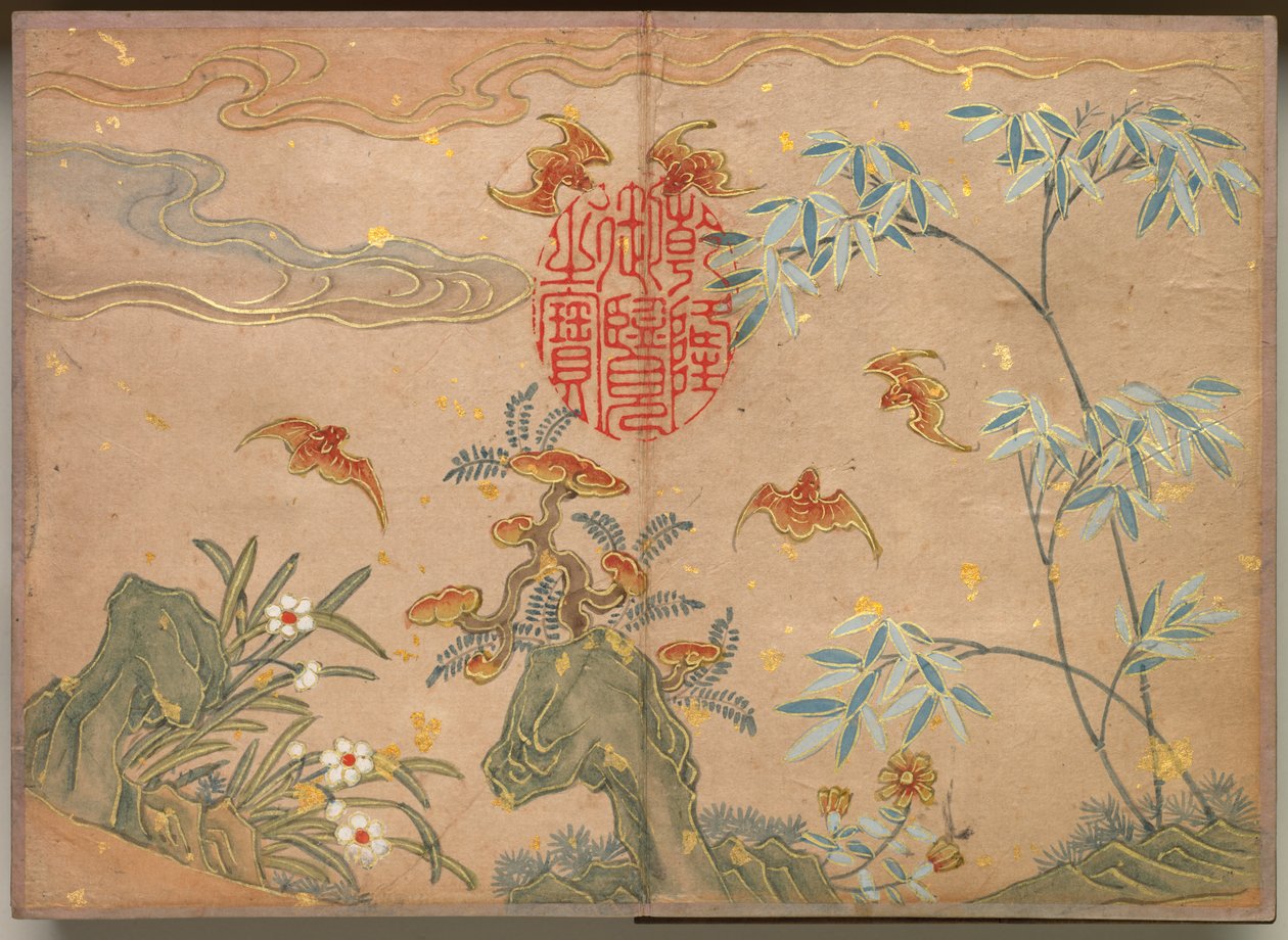 Álbum de escrivaninha: Pinturas de flores e pássaros Bastões, pedras, caligrafia oval de flores, século XVIII. de Zhang Ruoai