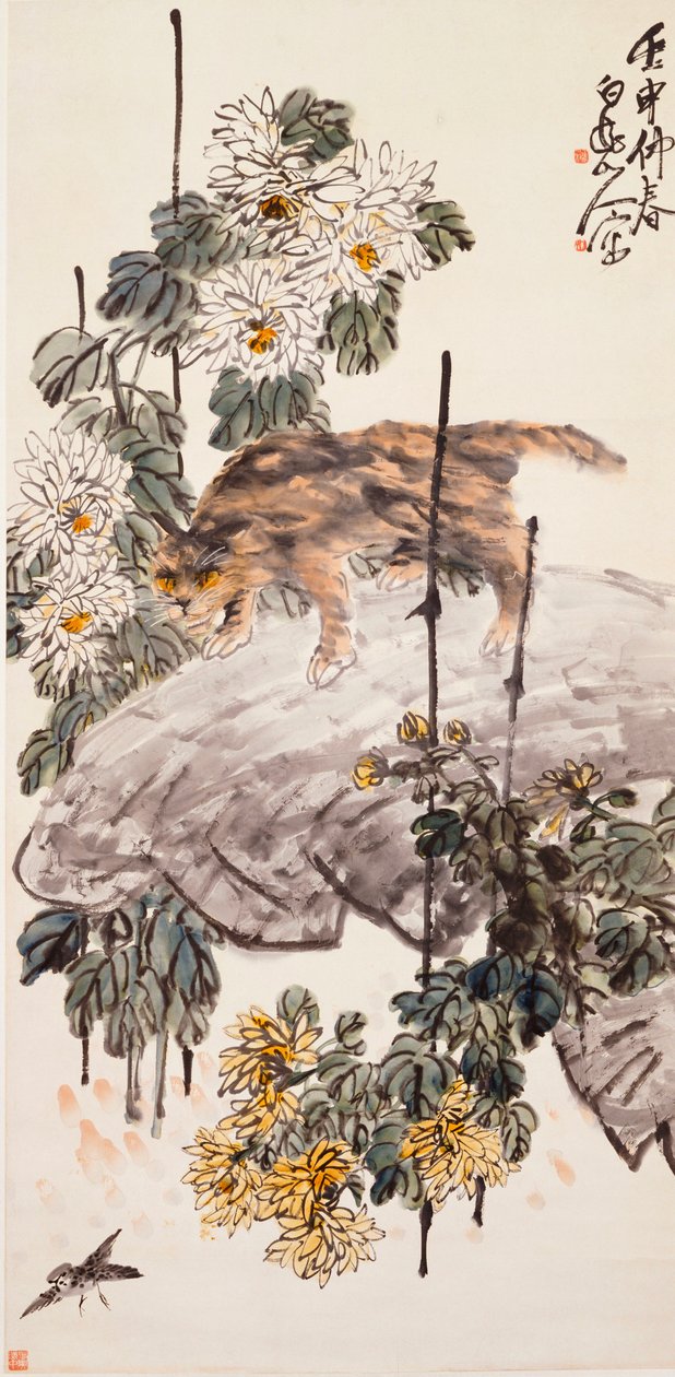 Gato, pássaro e crisântemos de Zhen Wang
