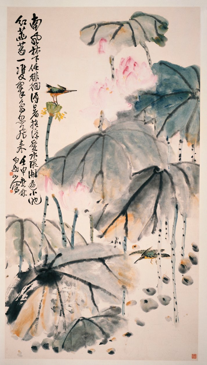 Lótus e pássaros verdes de Zhen Wang
