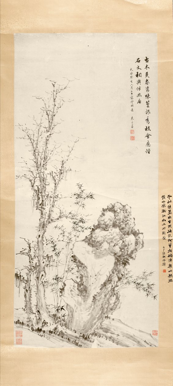 Uma imagem de árvores antigas, rocha e bambu, 1623 tinta sobre papel de Zhifan Zhu
