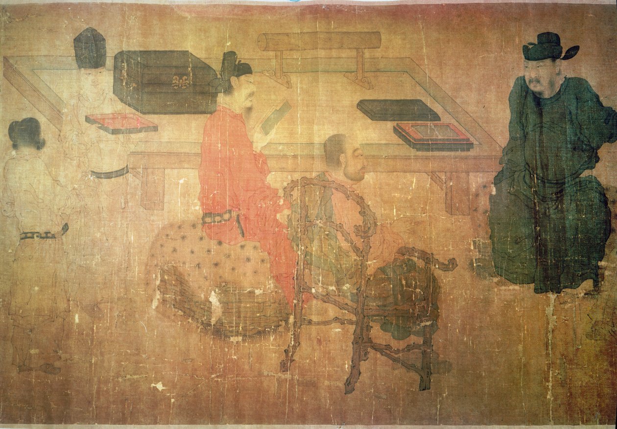 Três homens de boa leitura de Lieou-Li T&39;ang em Conversação (ink on silk) (detalhe de 200034) de Zhou Wenju
