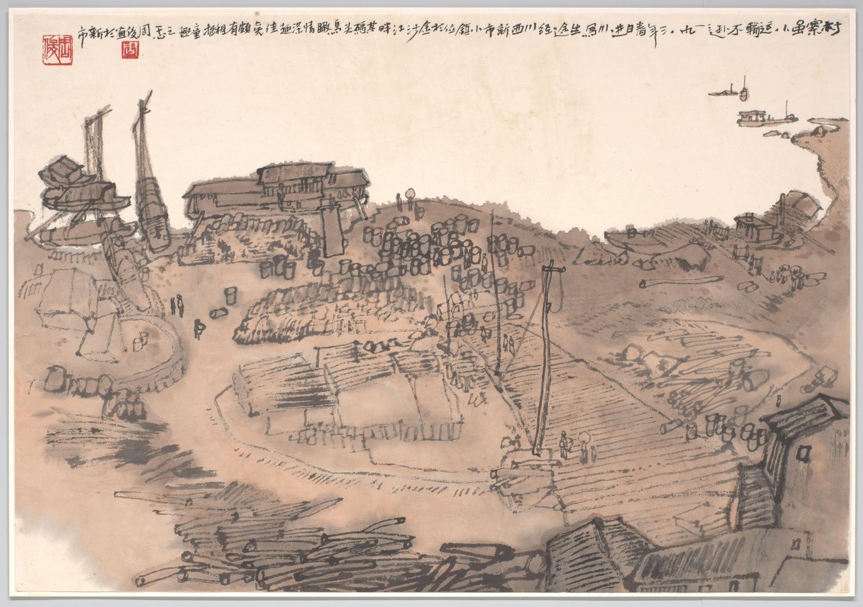 Pintura representando o cais de Xinshi, província de Sichuan, no rio Jinshajiang de Zhou Jun