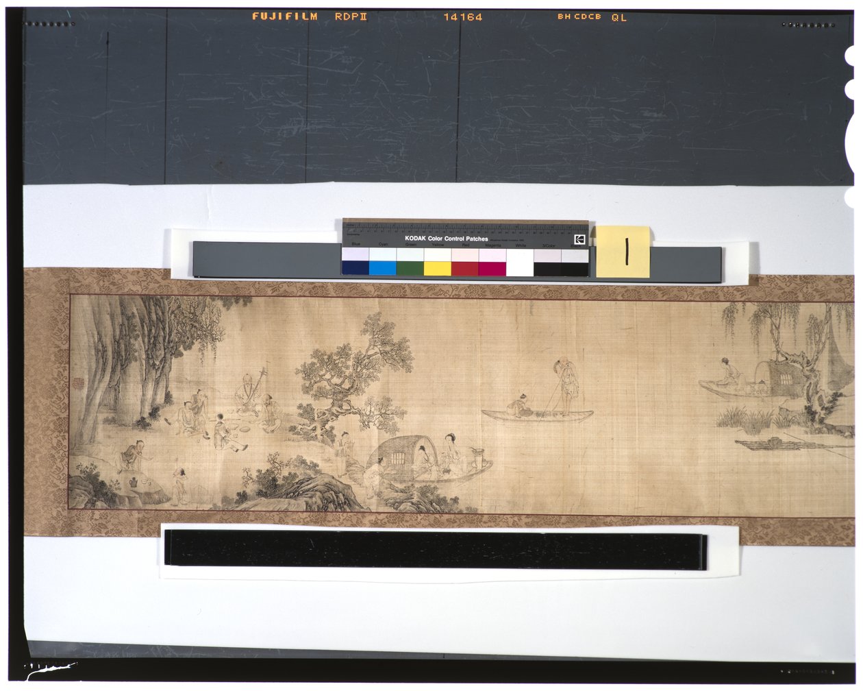 Vida dos pescadores ao longo do rio, século 18 (tinta e cor na seda, handscroll) de Zhou Shanguan