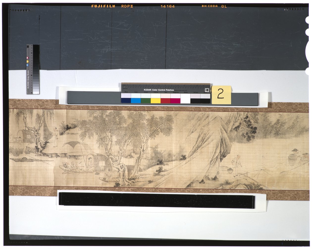 Vida dos pescadores ao longo do rio, século 18 (tinta e cor na seda, handscroll) de Zhou Shanguan