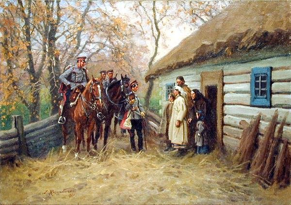 Patrulha de cavalaria na frente de uma casa de Zygmunt Rozwadowski