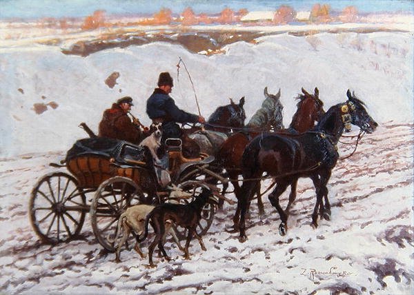 Carro puxado por cavalo (óleo sobre tela) de Zygmunt Rozwadowski