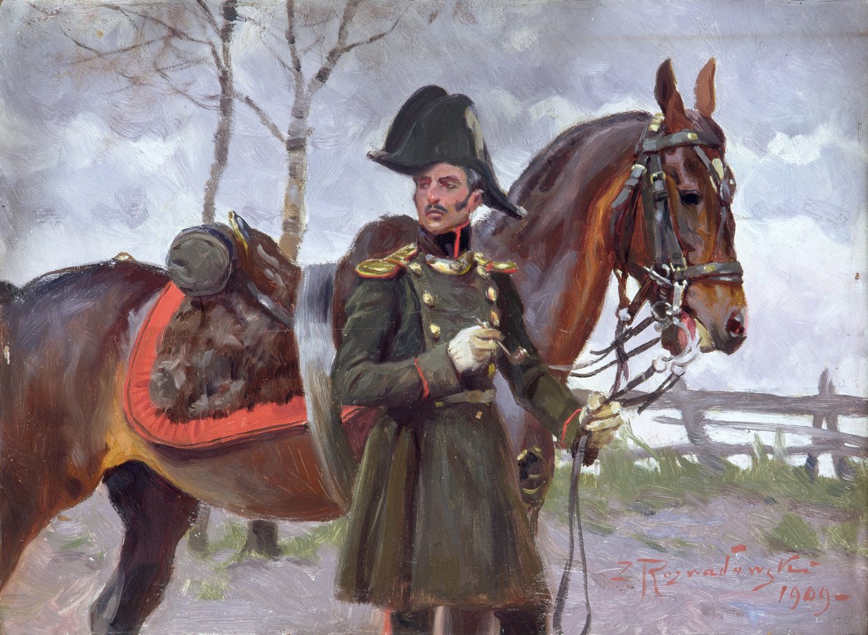 Soldado napoleônico com um cavalo de Zygmunt Rozwadowski