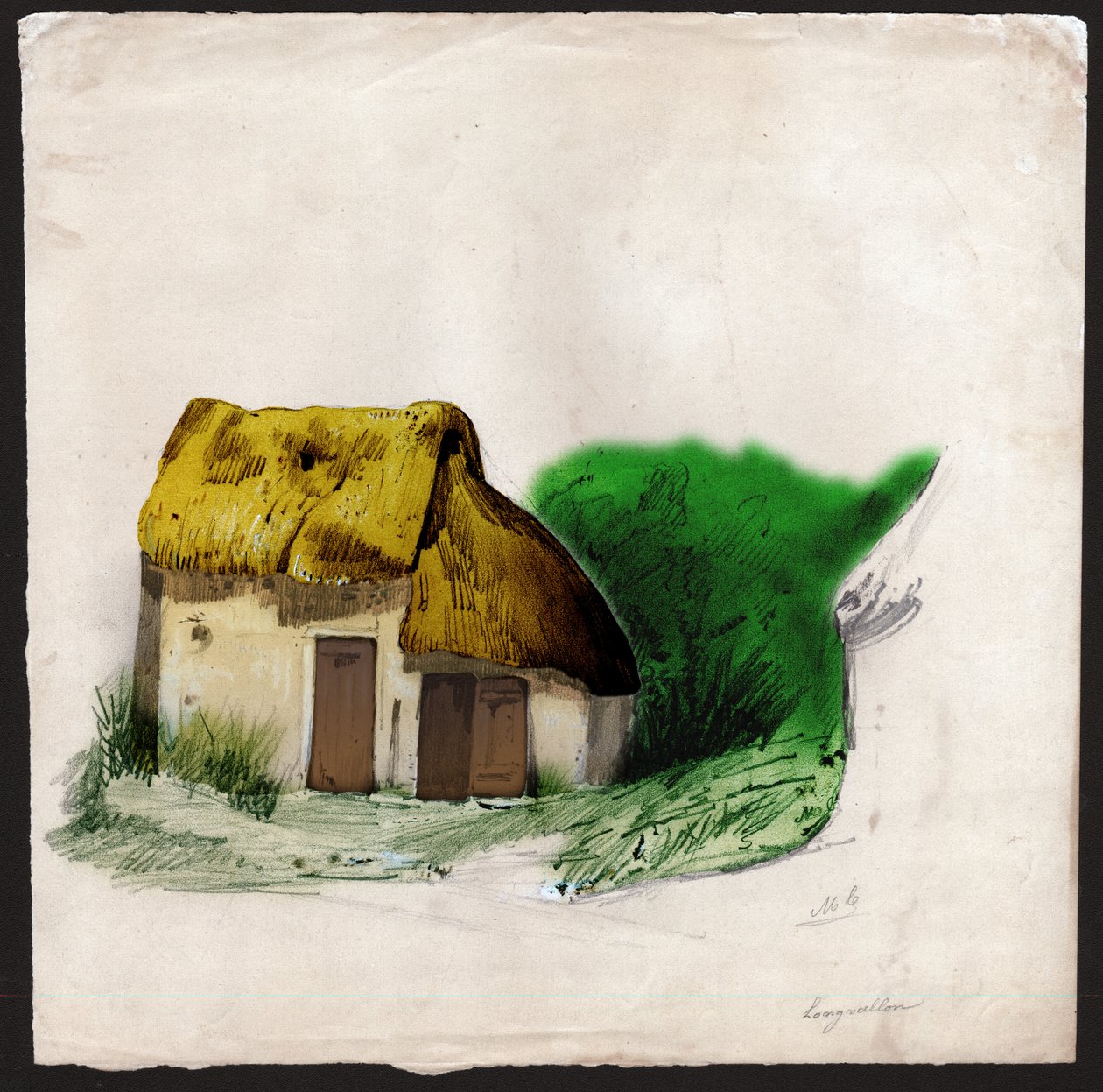 Uma casa de palha no centro da França. cerca de 1830 (ilustração) de . .