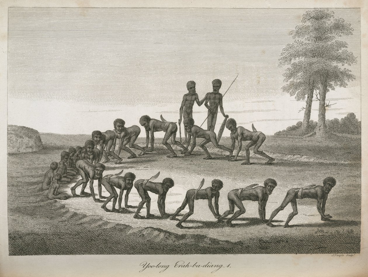 Homens aborígenes imitando cães, Austrália de Frederick (attr. to) Barnard