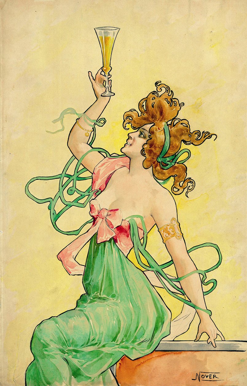 Absinthe Blanqui, c 1900, modelo (tinta, pastel e aguarela) para um cartaz publicitário, entre 1898 e 1901, assinado Nover, palíndromo da impressora Revon, Paris de Frederick (attr. to) Barnard