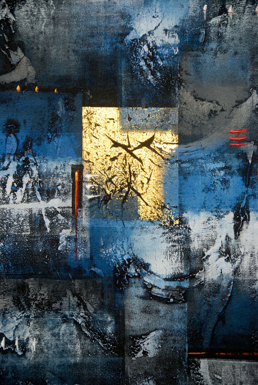 Arte abstrata; pintura nas cores ouro; azul; preto e cinza; Ubud; Bali; Indonésia; Sudeste Asiático; Ásia de Frederick (attr. to) Barnard