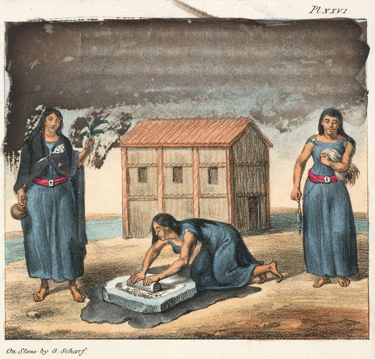 Mulheres indígenas Araucano moendo milho e fiando, Chile de Frederick (attr. to) Barnard