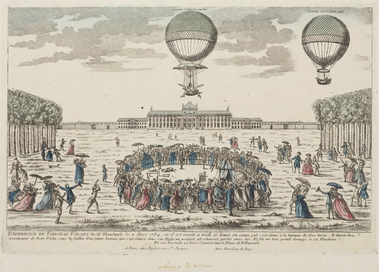 A primeira subida de Blanchard em um balão, 2 de março de 1784 de Frederick (attr. to) Barnard