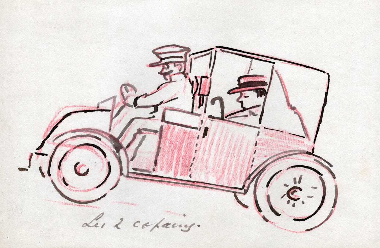 Carro com motorista. por volta de 1910 (desenho) de . .